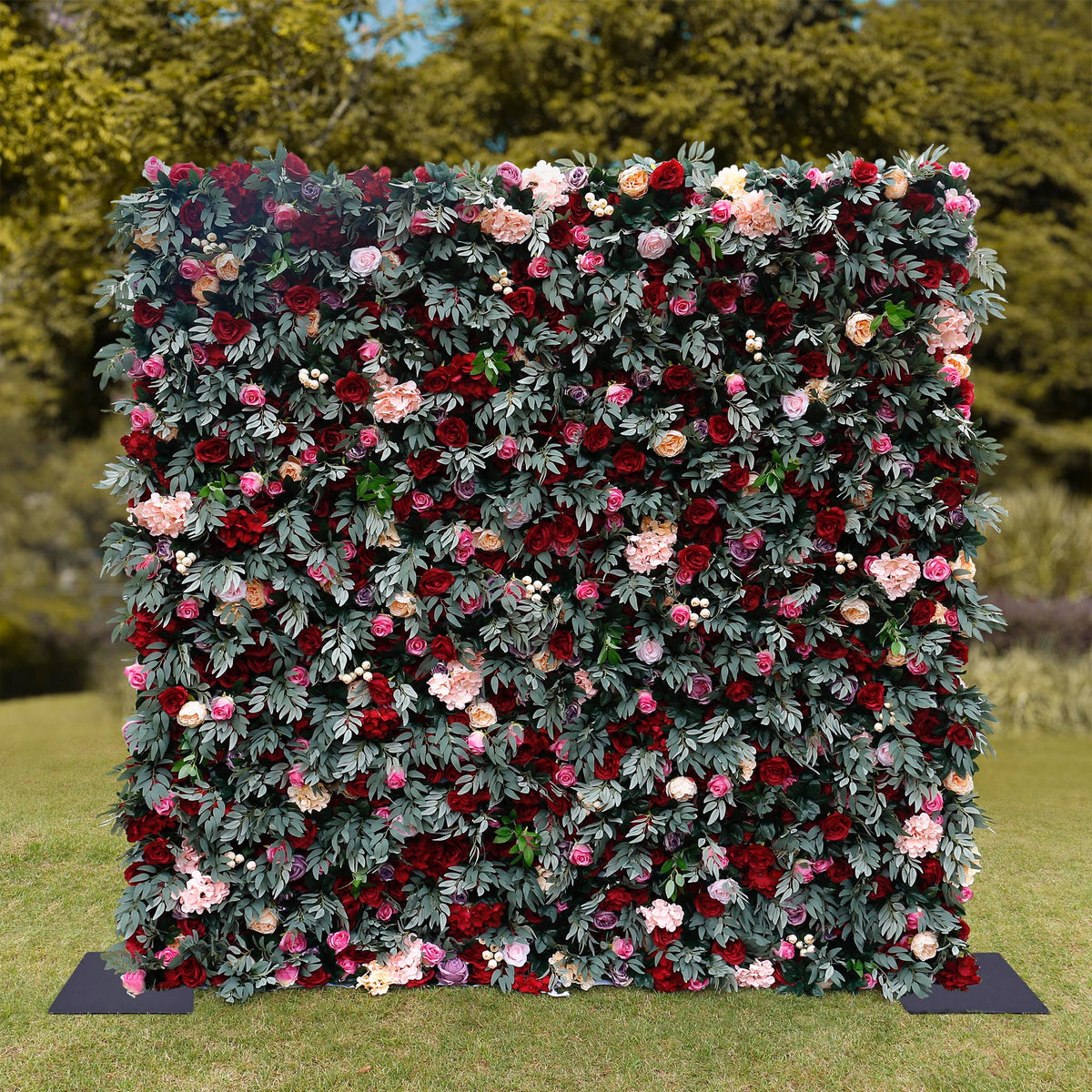 Aliflowers Red Rose with Green Plant Wedding Fabric Flower Wall ALFWL062 - Ali Flowers
