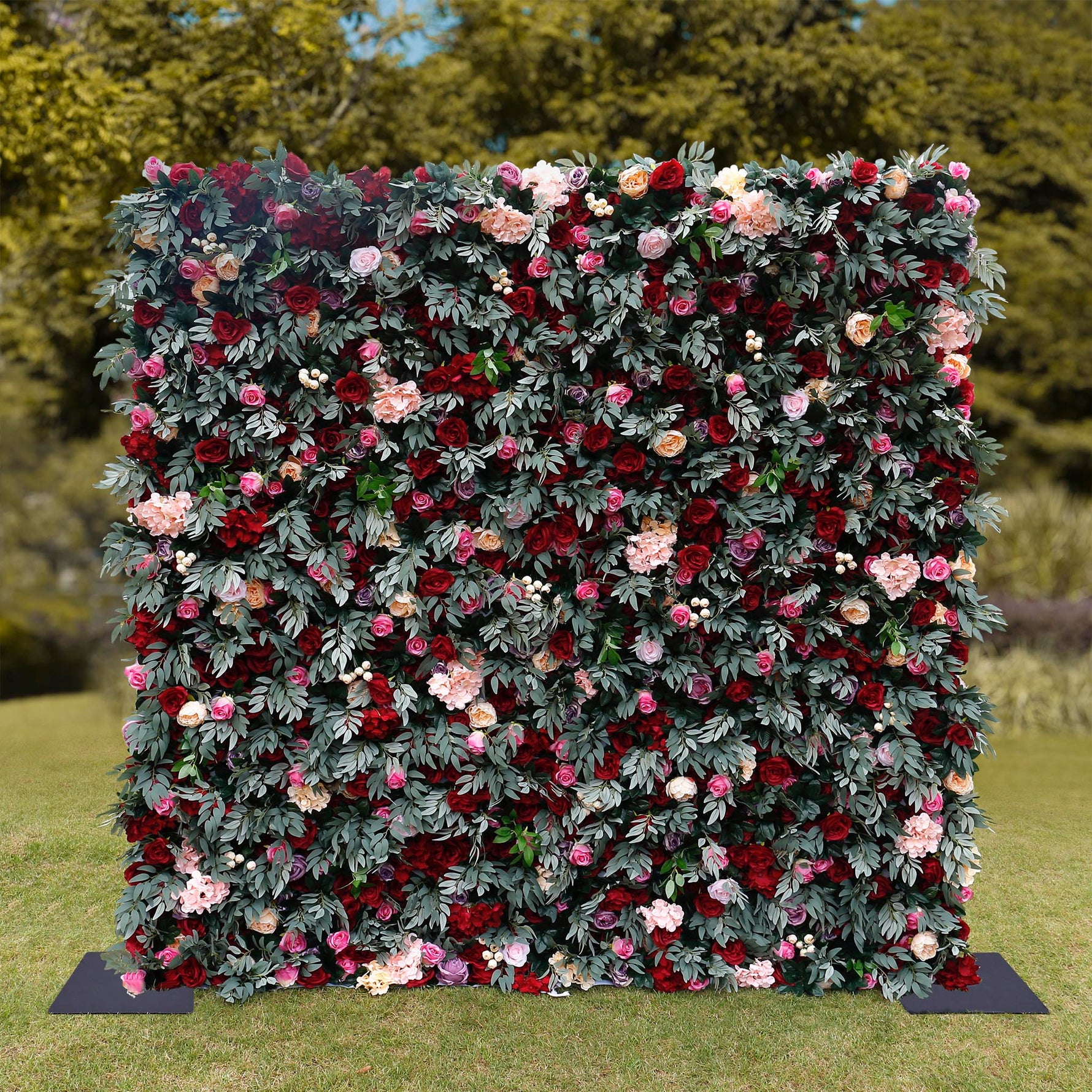 Aliflowers Red Rose with Green Plant Wedding Fabric Flower Wall ALFWL062 - Ali Flowers