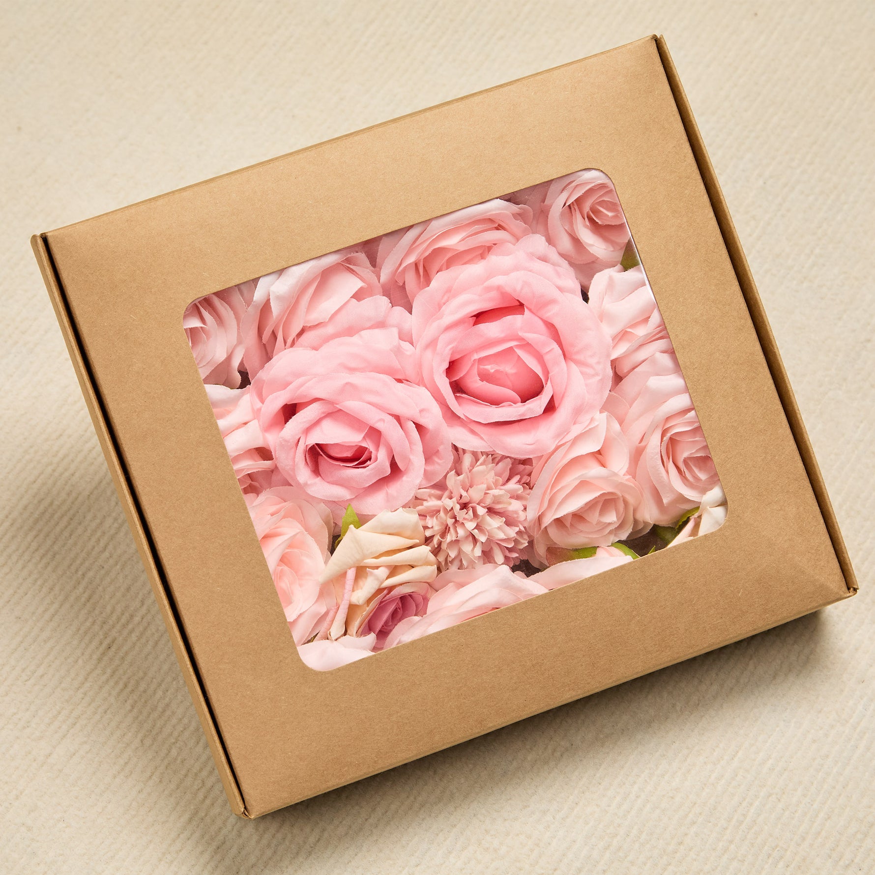 Pink rose wedding flower box with stems