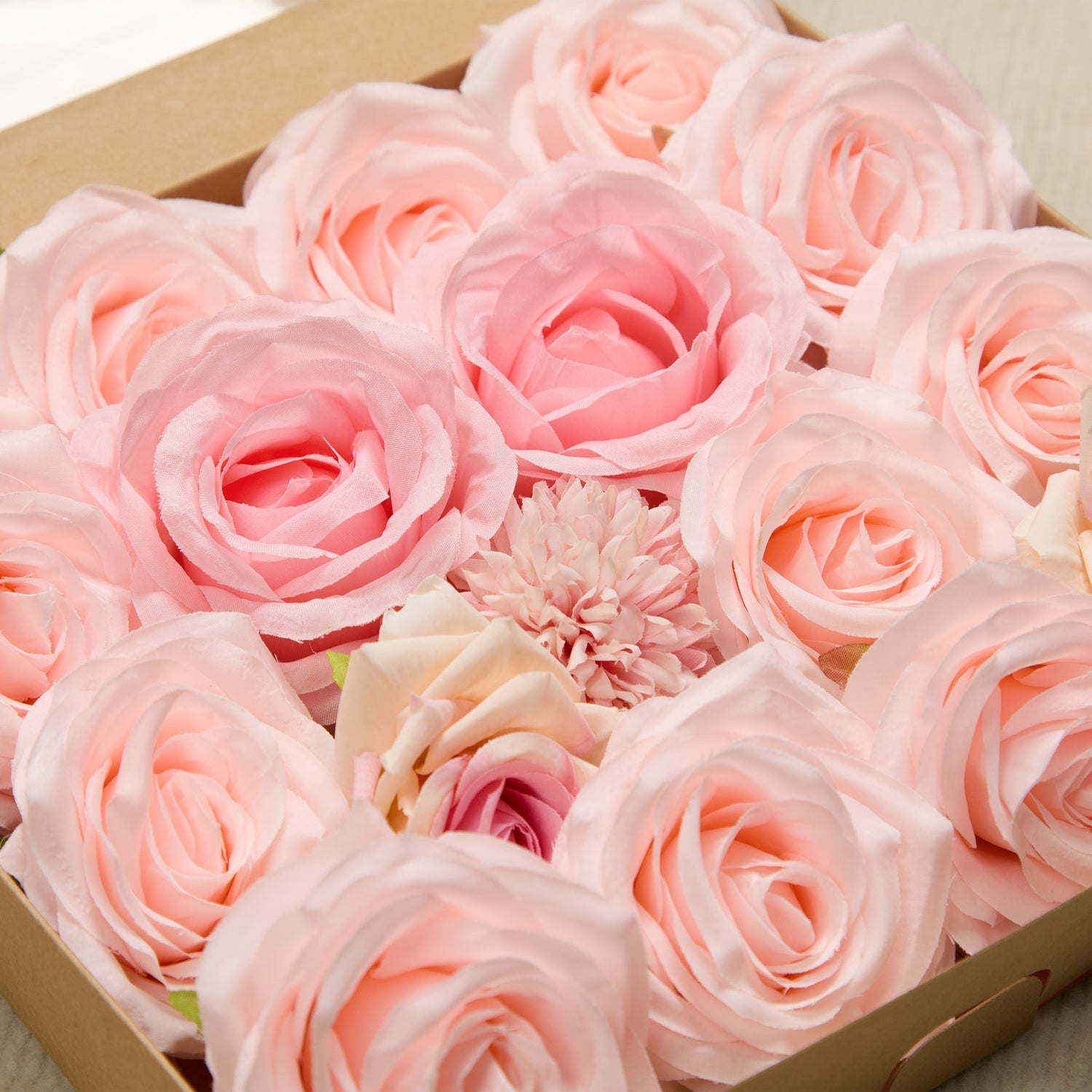 Pink rose wedding flower box with stems