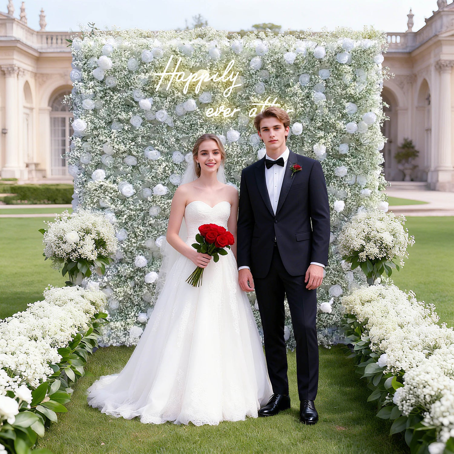 Ali Flowers 5D Babysbreath White Rose Fabric Cloth Flower Wall Backdrop for Wedding Party Events ALFWL026 - Ali Flowers